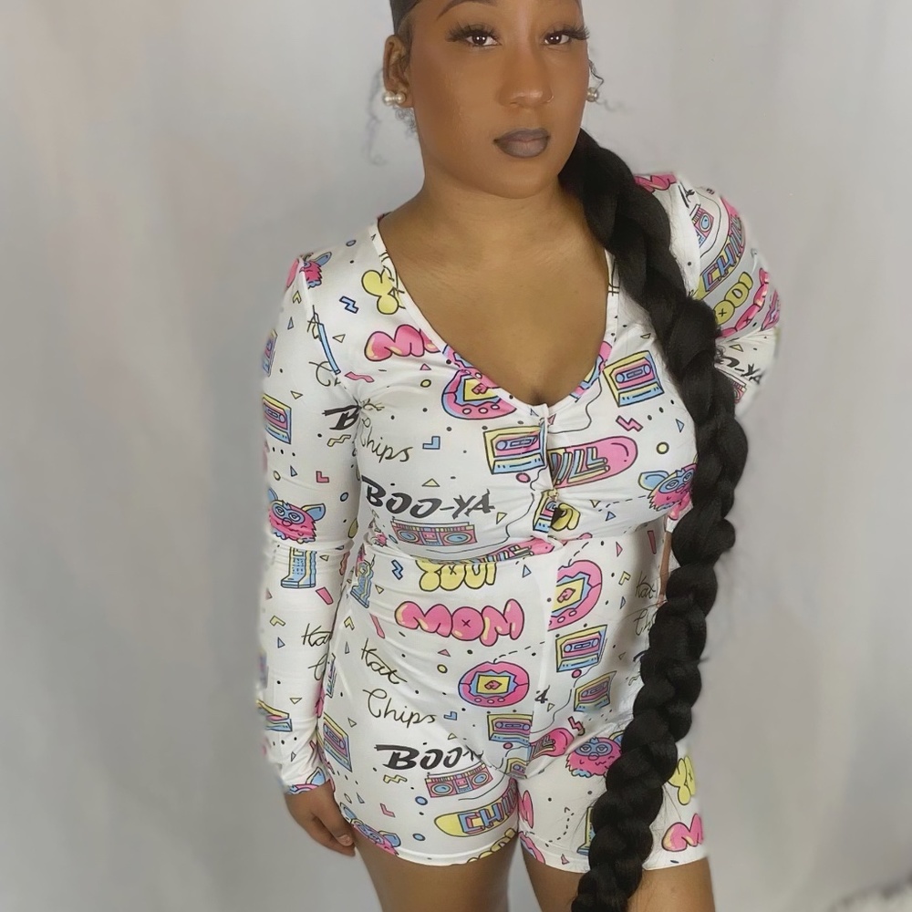 WOMENS 90s LONG SLEEVE PAJAMA STRETCH ONESIE